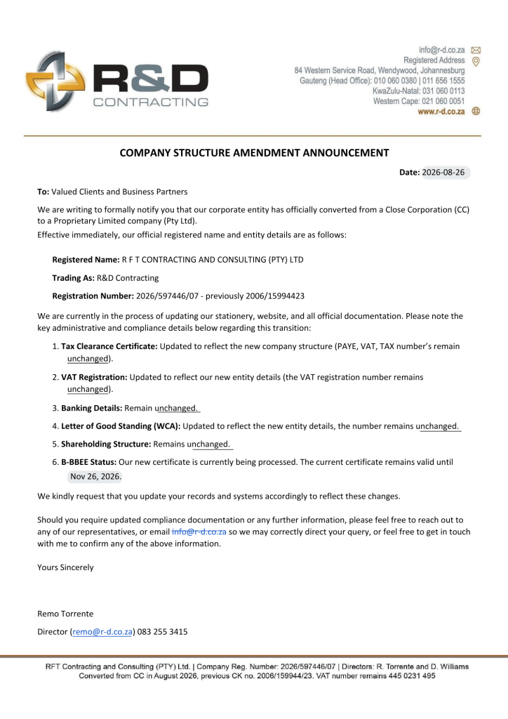 COMPANY STRUCTURE AMENDMENT ANNOUNCEMENT